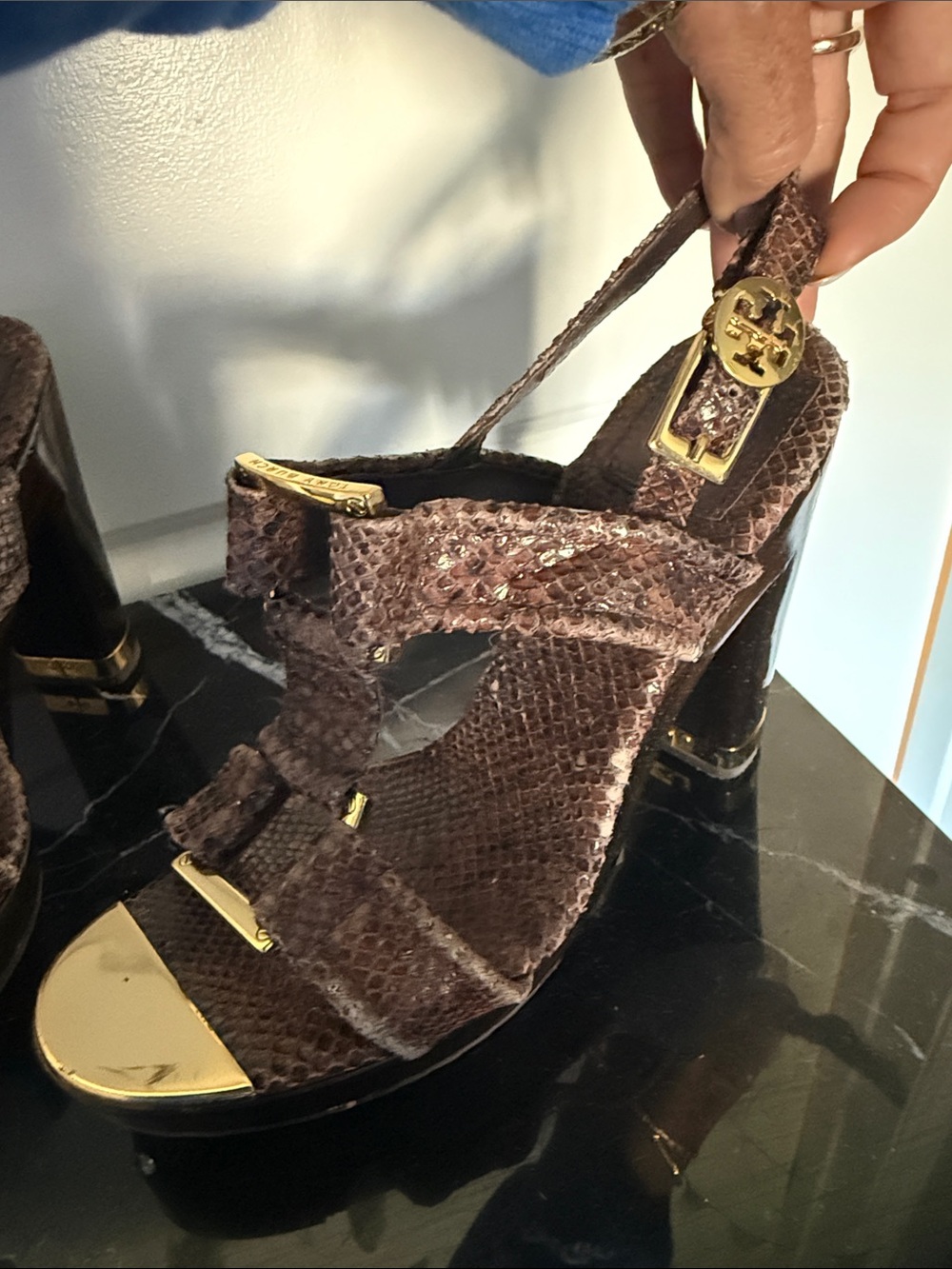 Tory Burch Brown Snake-Embossed High Heel Sandals with Gold Accents